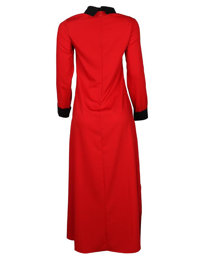 Back view of red and black contrast collar dress