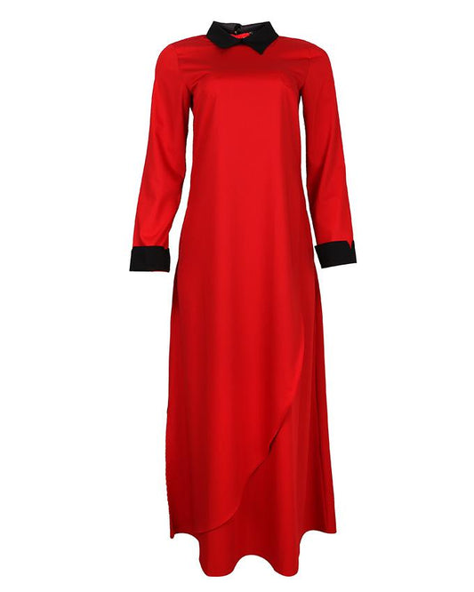 Red and black contrast collar maxi dress
